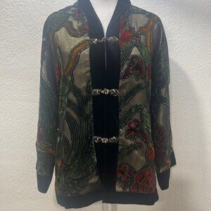 Vintage Blouse Knot Front Closure  Size L Velvet Peacock Floral Glitter Sheer